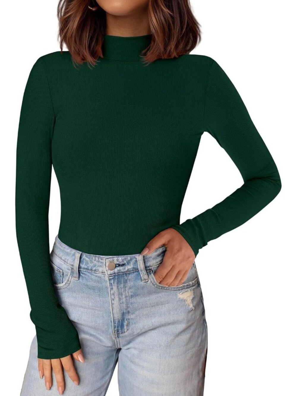 Women's Green Ribbed Knit Mock Turtleneck Long Sleeve Undershirts Slim Fit Top
